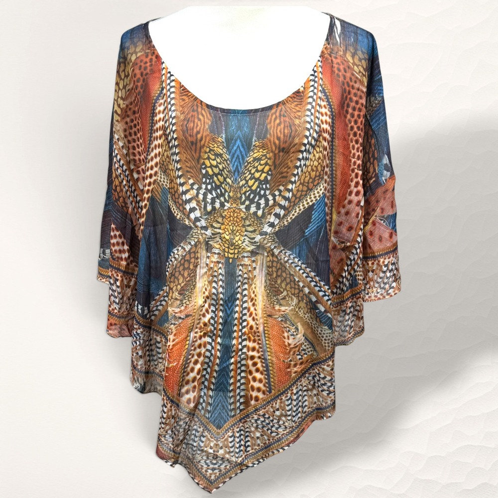Energe Poncho Top Women 3X Blue Boho Sheer Chiffon Resortwear‎ Cruise